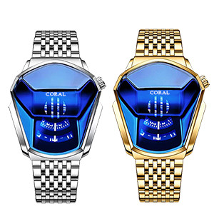 2 Pieces Fashion Cool Men's Luxury Waterproof Stainless Steel Quartz Wristwatch Geometric Shape Case Creative Men's Digital Watch- LXW