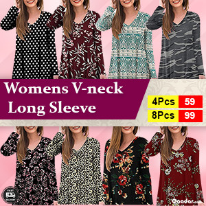 4/8 Pieces Women's Classic-Fit Cotton Long-Sleeve V-Neck Top. VNECK